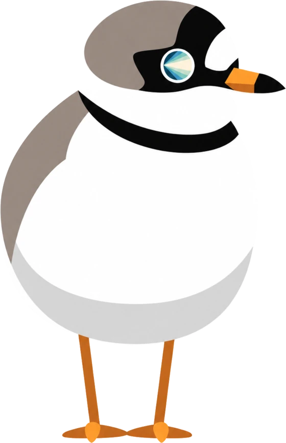 Illustrated piping plover with the One Earth projector mark at its eye.